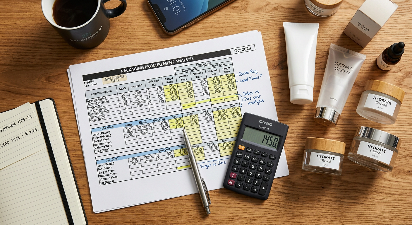 Packaging cost analysis workspace with tube samples and cost comparison documents