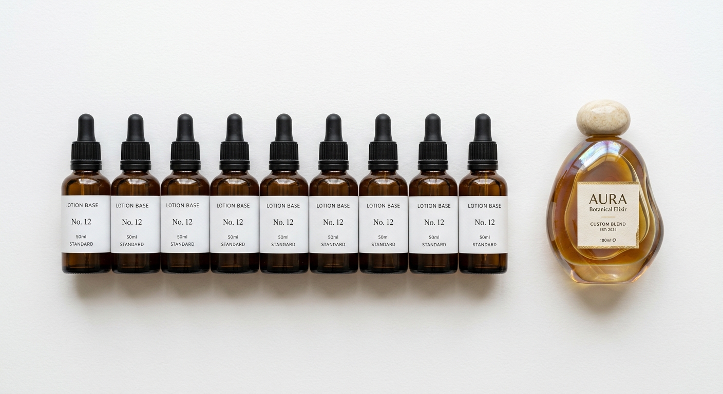 Flat lay comparing stock cosmetic bottles to a custom shaped bottle