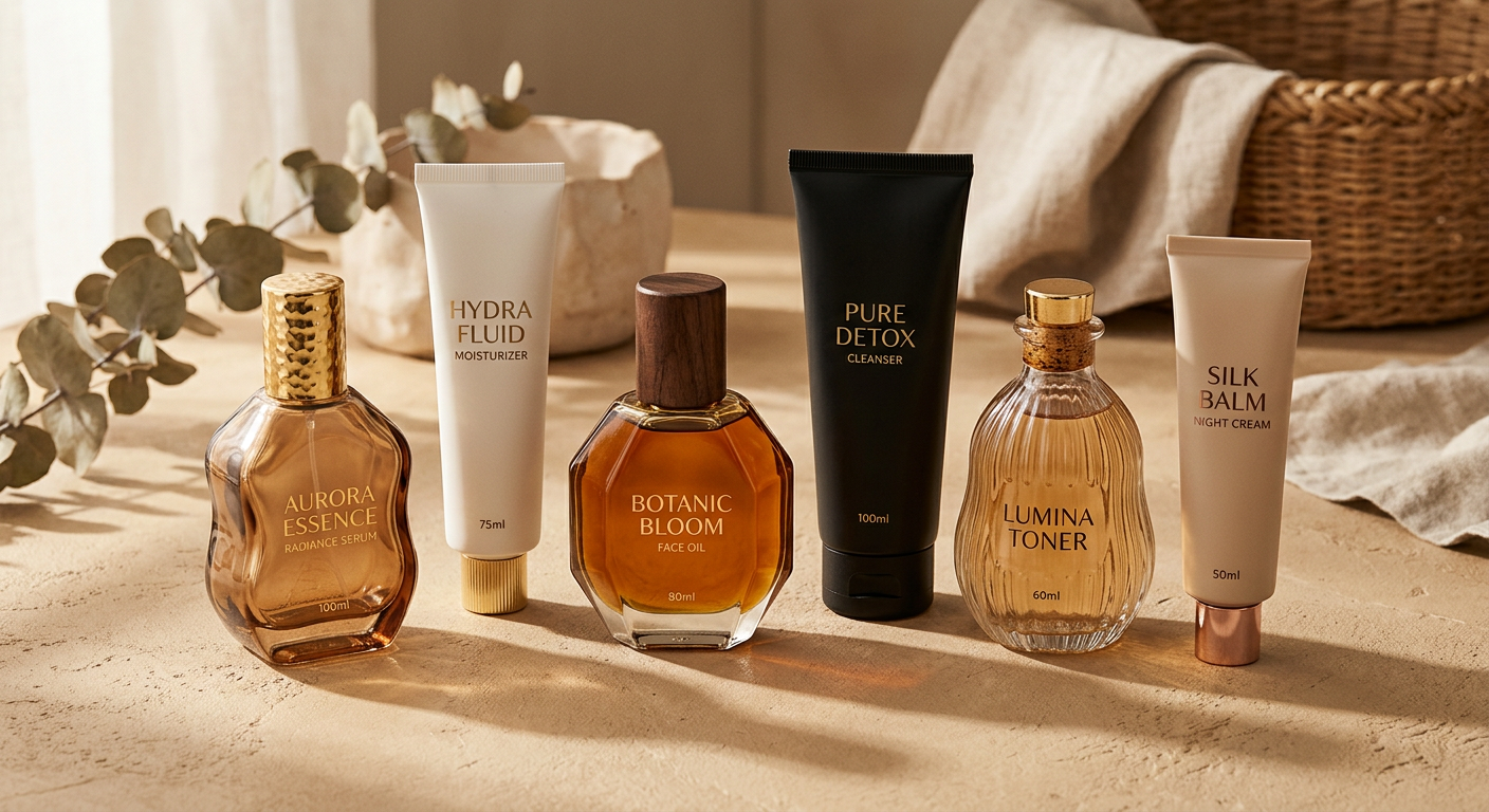 Cosmetic product lineup mixing custom and stock packaging formats