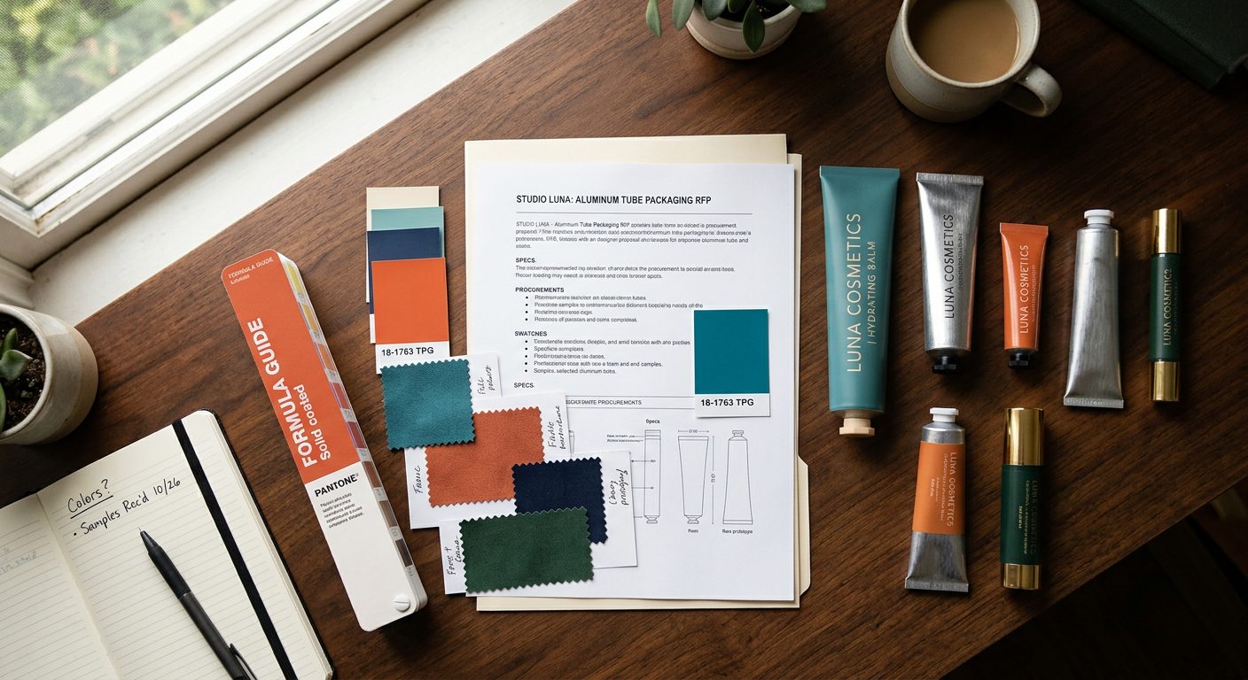 Packaging artwork approval documents and aluminum tube samples on a designer's desk