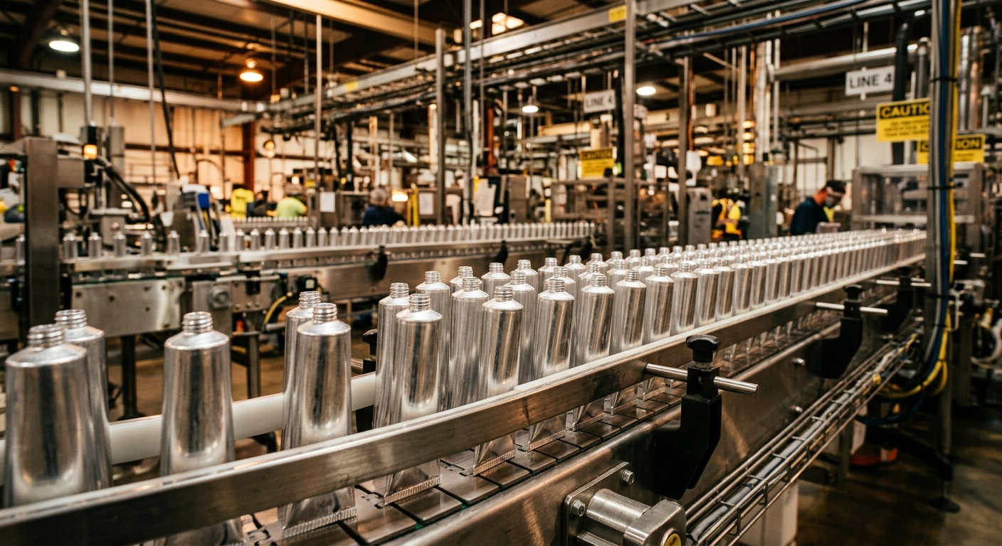 Aluminum cosmetic tubes moving along a packaging factory production line