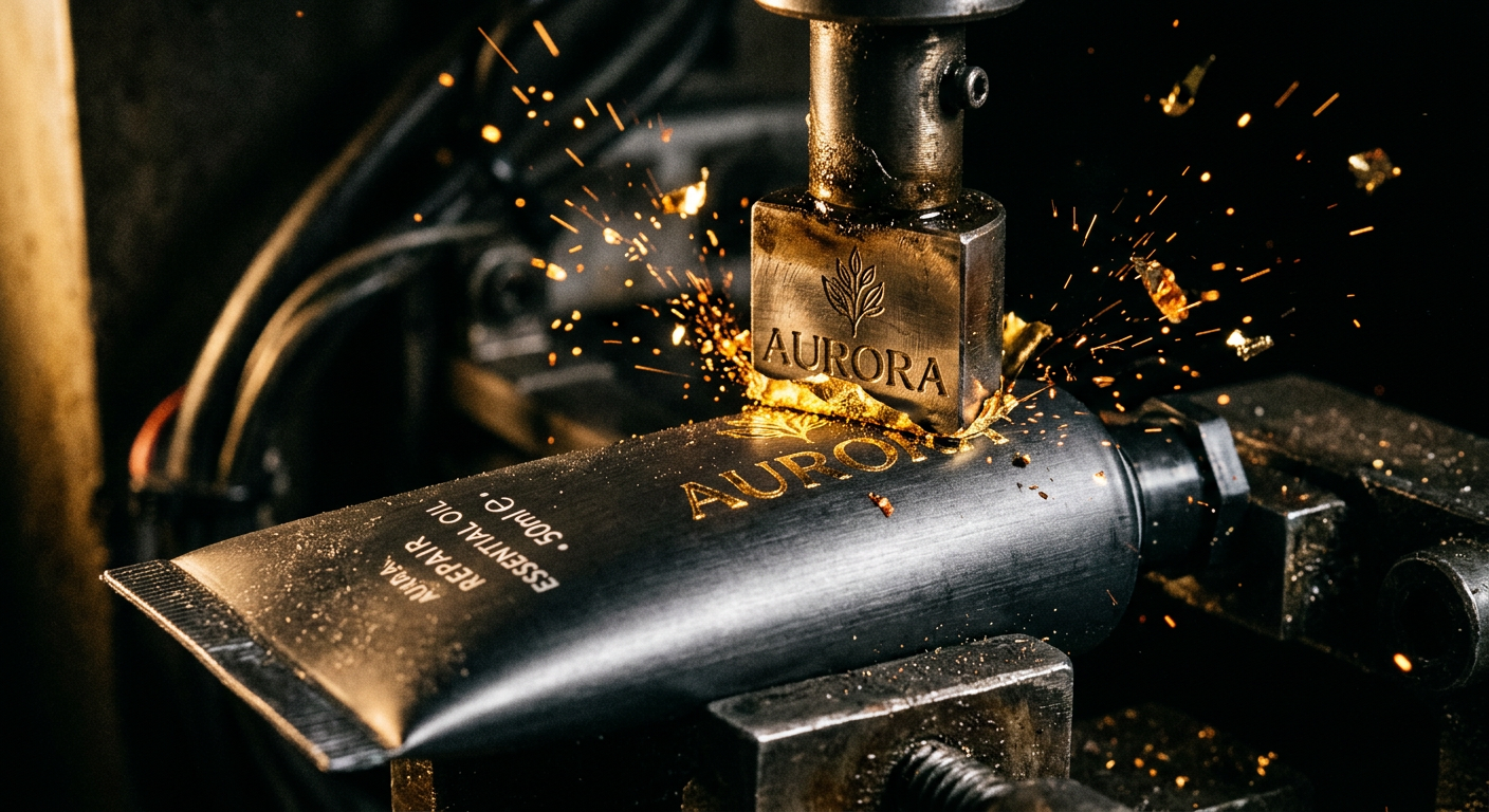 Hot foil decoration being applied to a metallic cosmetic tube