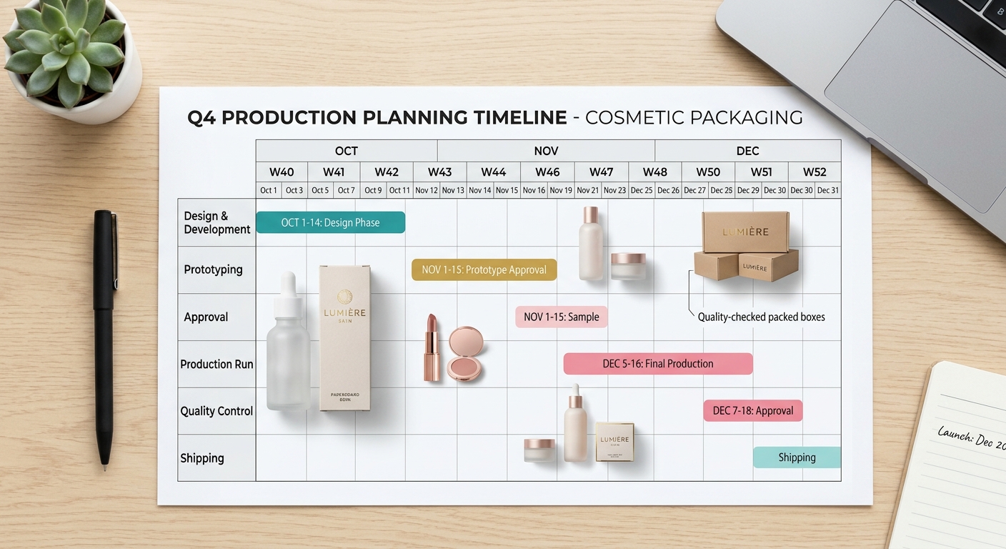 Q4 packaging production timeline laid out with cosmetic samples