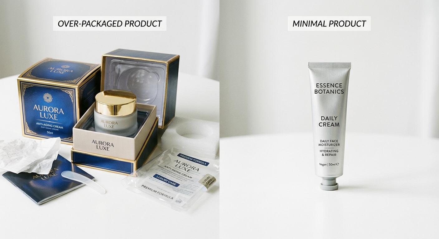 Side-by-side comparison of over-packaged cosmetic product versus streamlined aluminum tube packaging