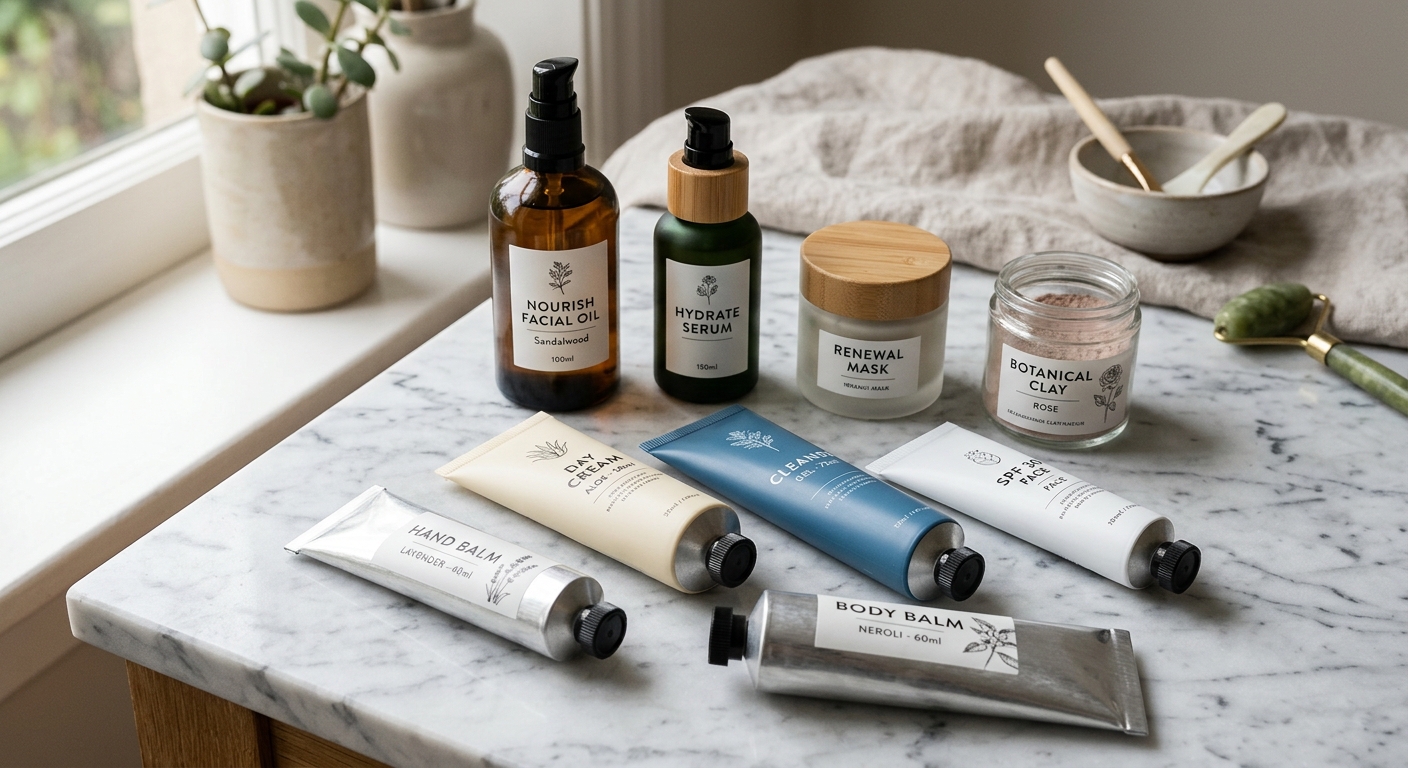 Array of different cosmetic packaging formats including aluminum tubes jars and bottles
