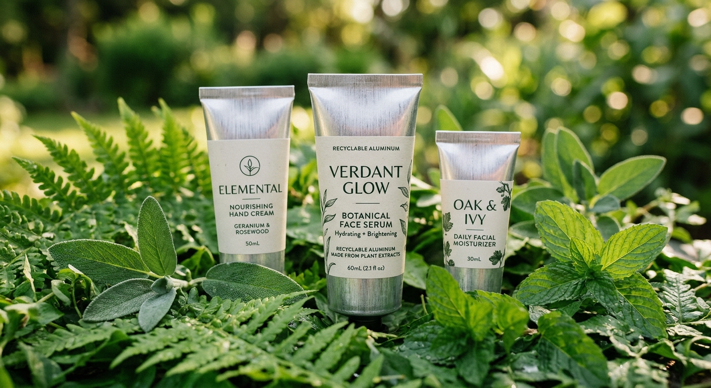 Recyclable aluminum cosmetic tubes with eco-friendly branding on green leaves