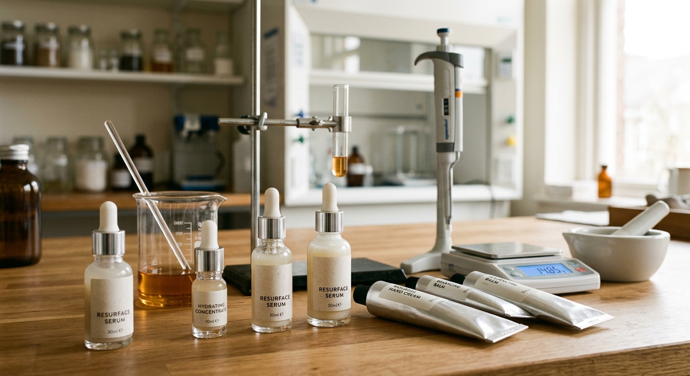Cosmetic chemist evaluating aluminum tubes alongside serum samples in a laboratory