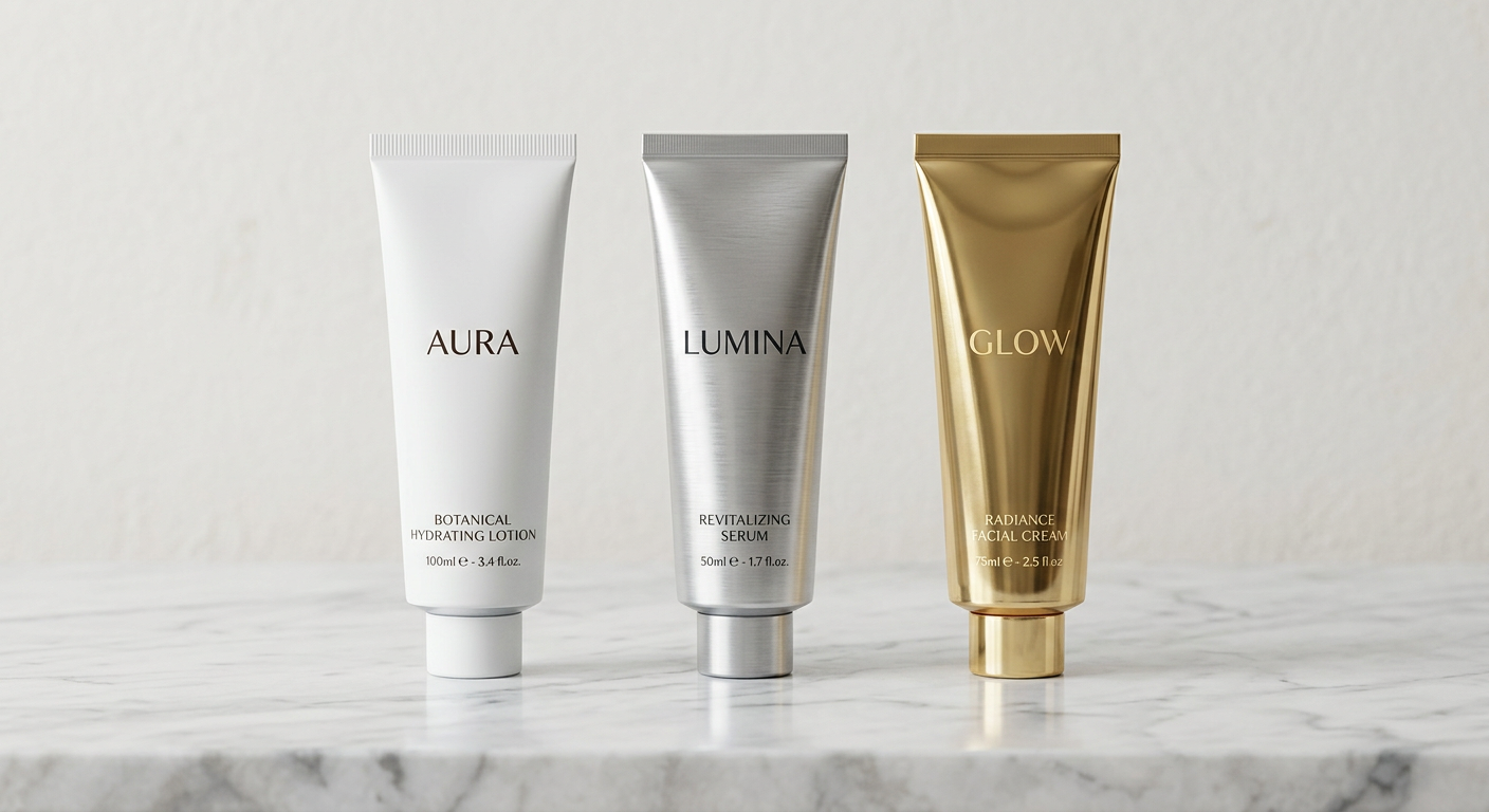 Three aluminum cosmetic tubes with matte, brushed, and glossy finishes on a marble surface