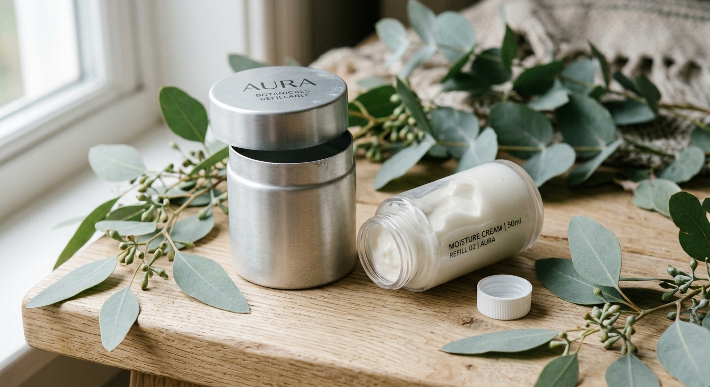 Refillable aluminum cosmetic container disassembled to show inner pod and outer shell