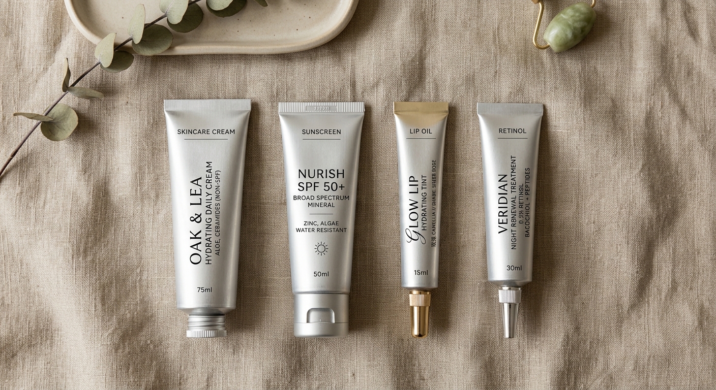 Flat lay of premium aluminum cosmetic tubes across skincare categories