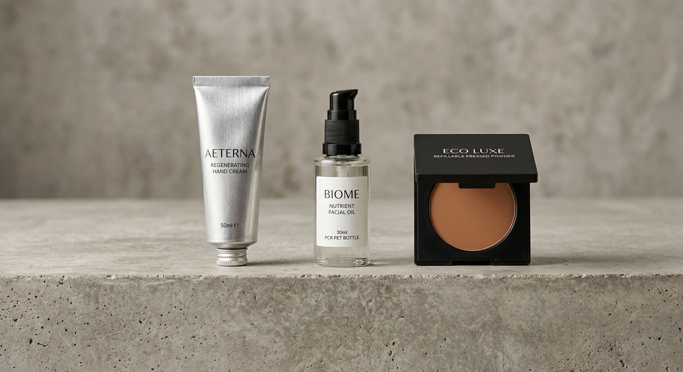 Three sustainable cosmetic packaging samples including aluminum tube, PCR PET bottle, and refillable compact