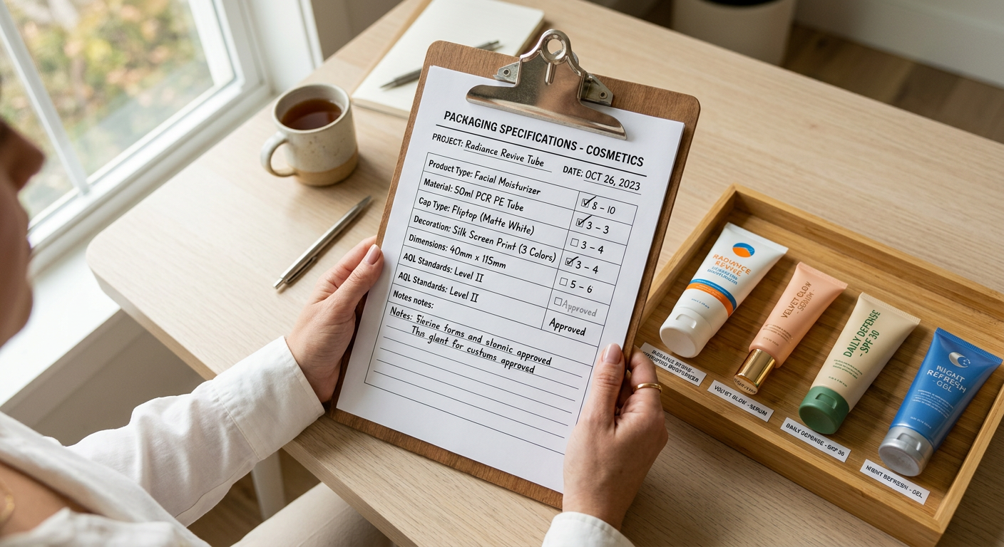 Packaging buyer reviewing supplier sustainability specifications on a clipboard