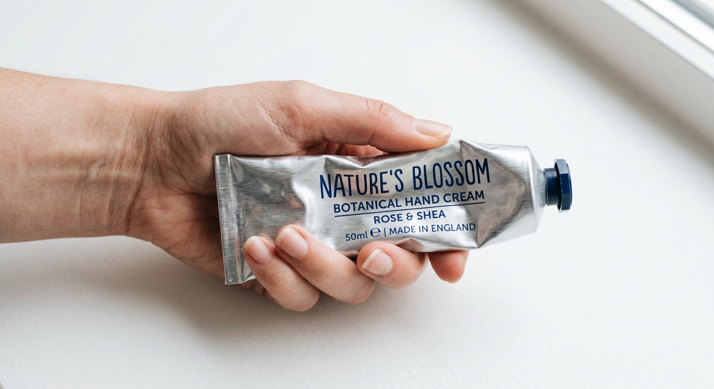Hand squeezing aluminum cosmetic tube showing collapsed shape
