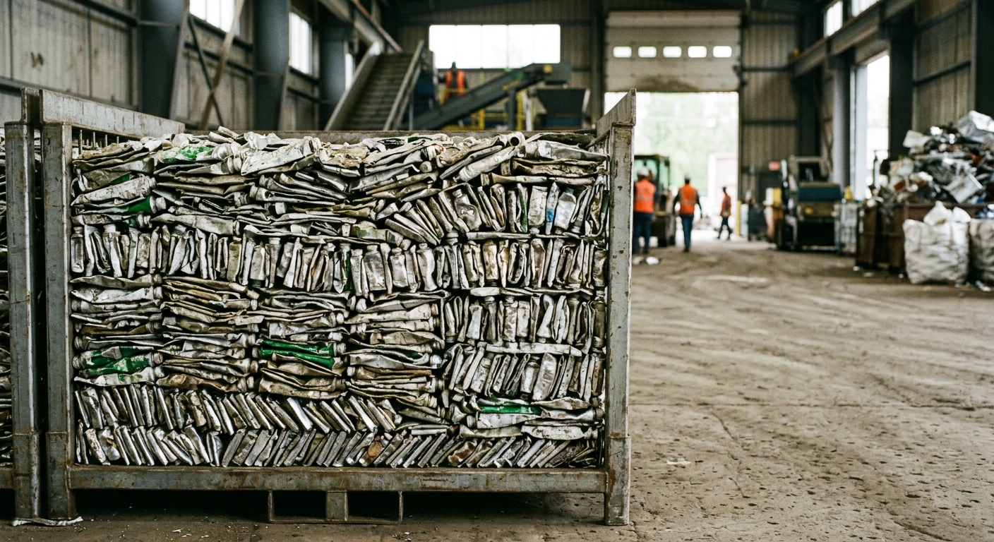 Stacked aluminum tubes at a recycling facility