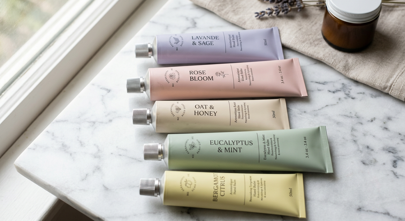 Close-up of pastel aluminum hand cream tubes on a marble surface