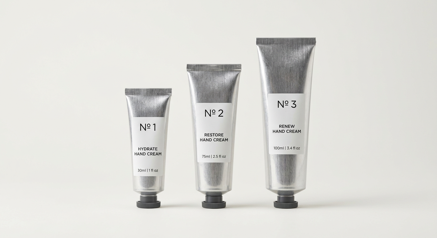 Three aluminum hand cream tubes in different sizes lined up by volume