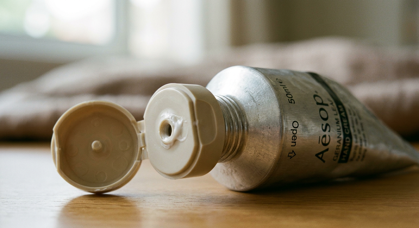Macro view of a flip-top cap on an aluminum cosmetic tube