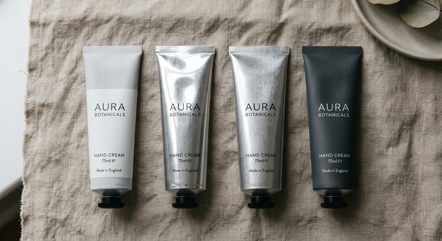 Aluminum hand cream tubes with matte, glossy, brushed, and soft-touch finishes side by side