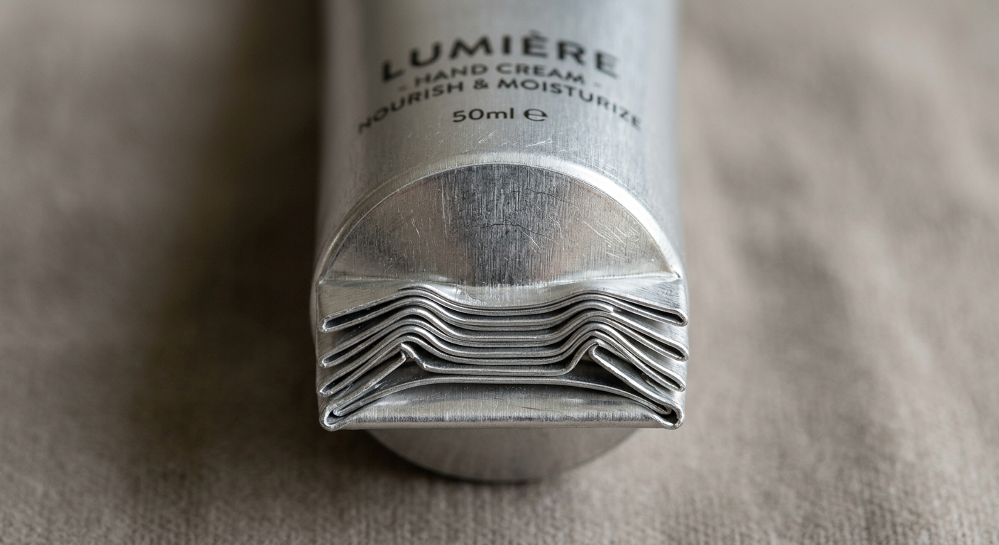 Macro view of an aluminum tube tail crimp showing multiple folds
