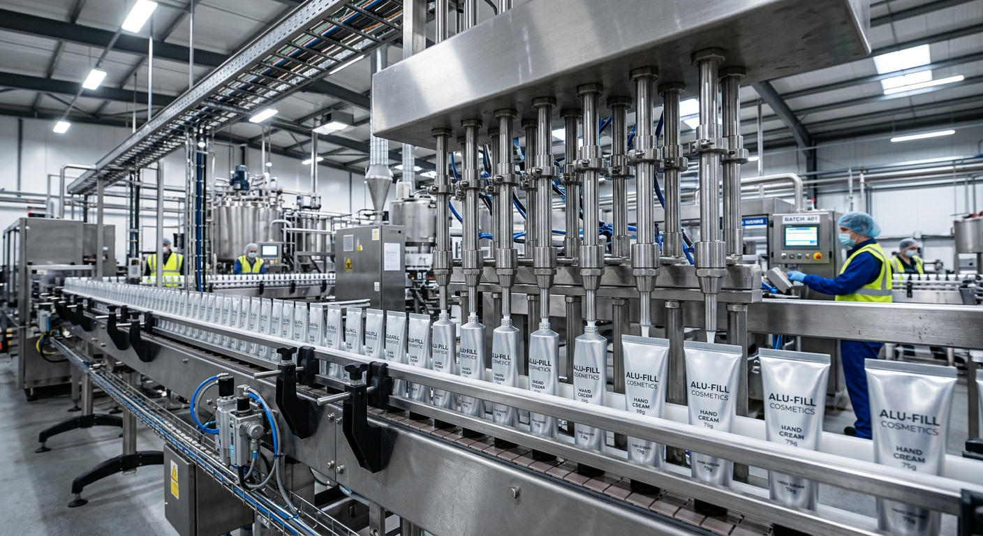 Aluminum tubes moving along an industrial filling line