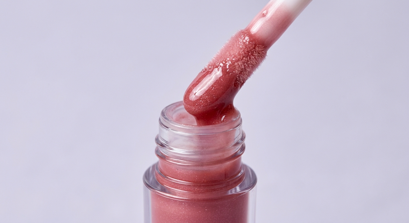 Doe-foot wand applicator picking up glossy lip product from tube barrel