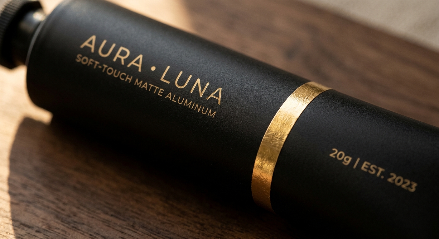 Matte soft-touch aluminum lip gloss tube with gold foil accent detail