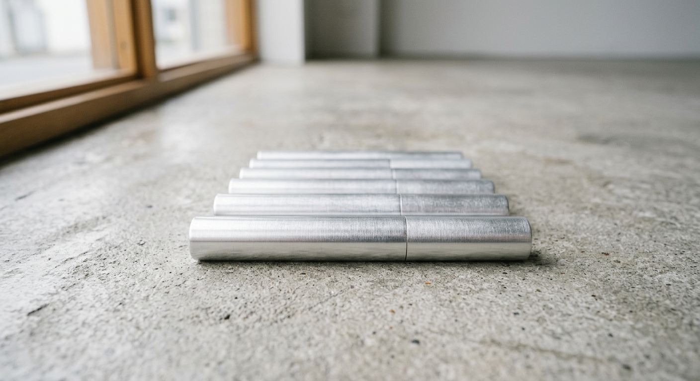 Row of brushed aluminum lip gloss tube barrels on neutral surface