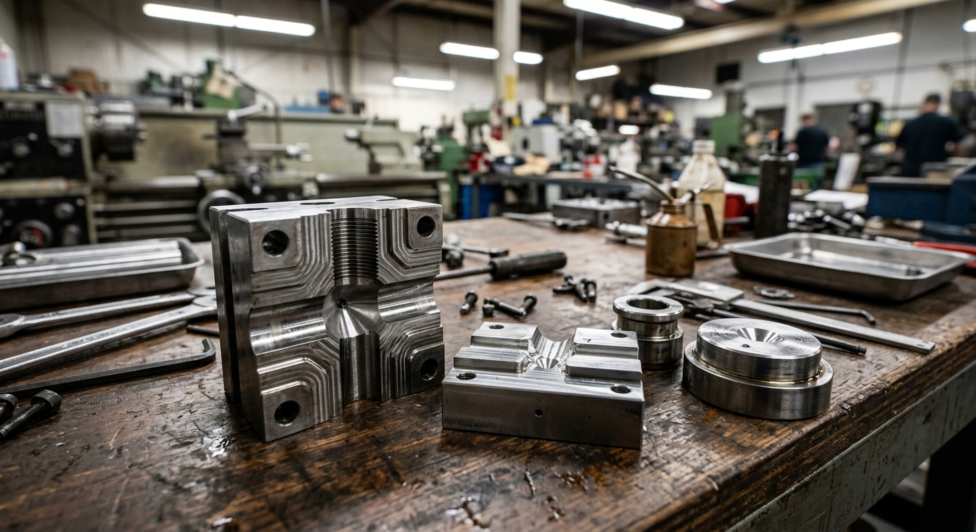 Aluminum tube nozzle tooling and molds on a factory workbench