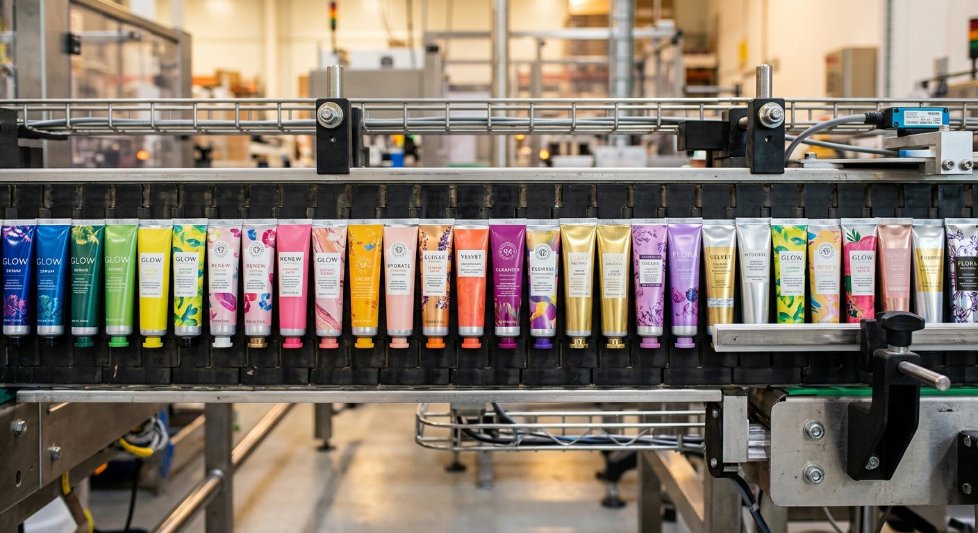 Multiple printed aluminum cosmetic tube variants on a production line