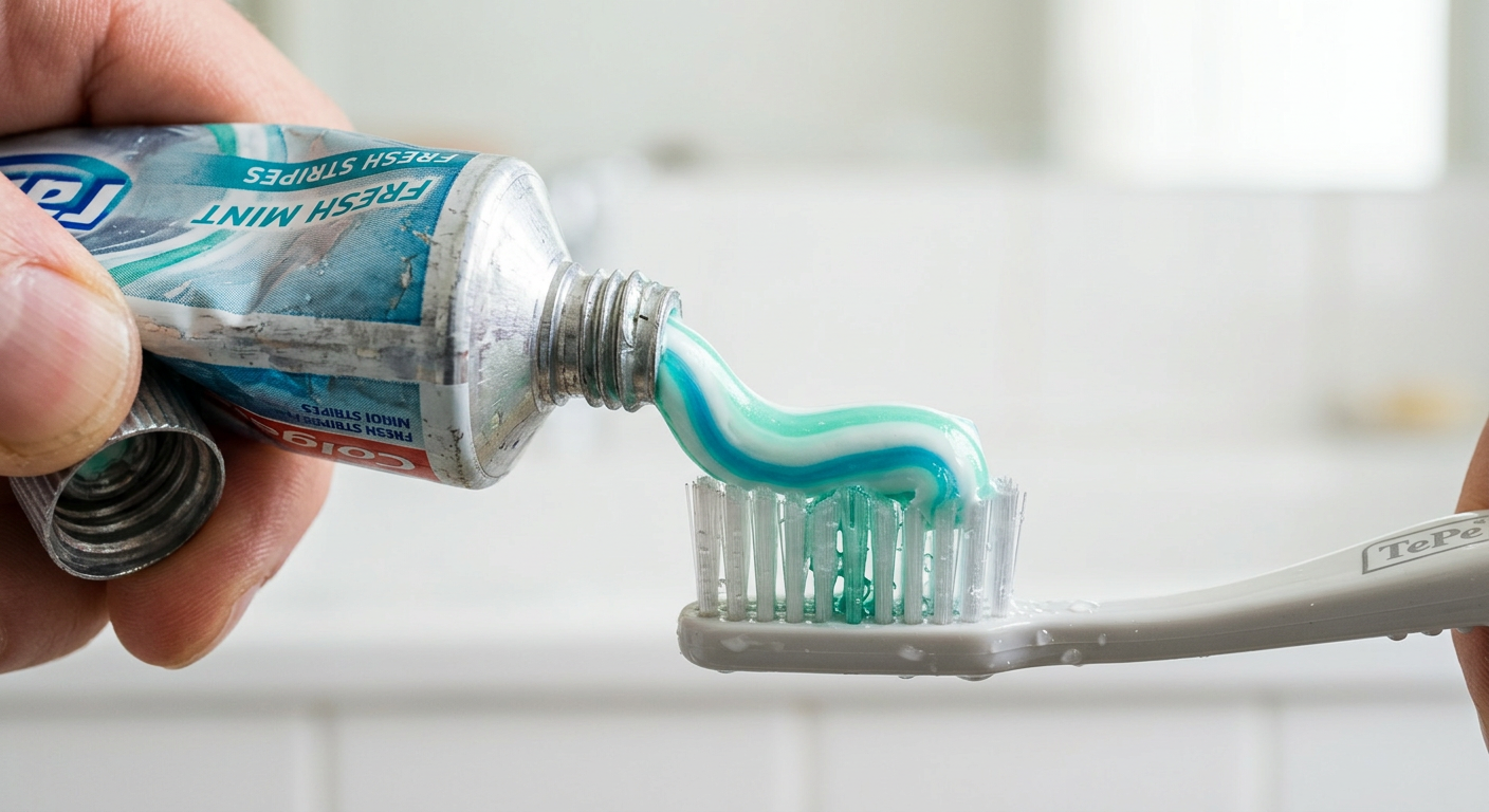 Toothpaste being squeezed from an aluminum tube showing formula protection benefits