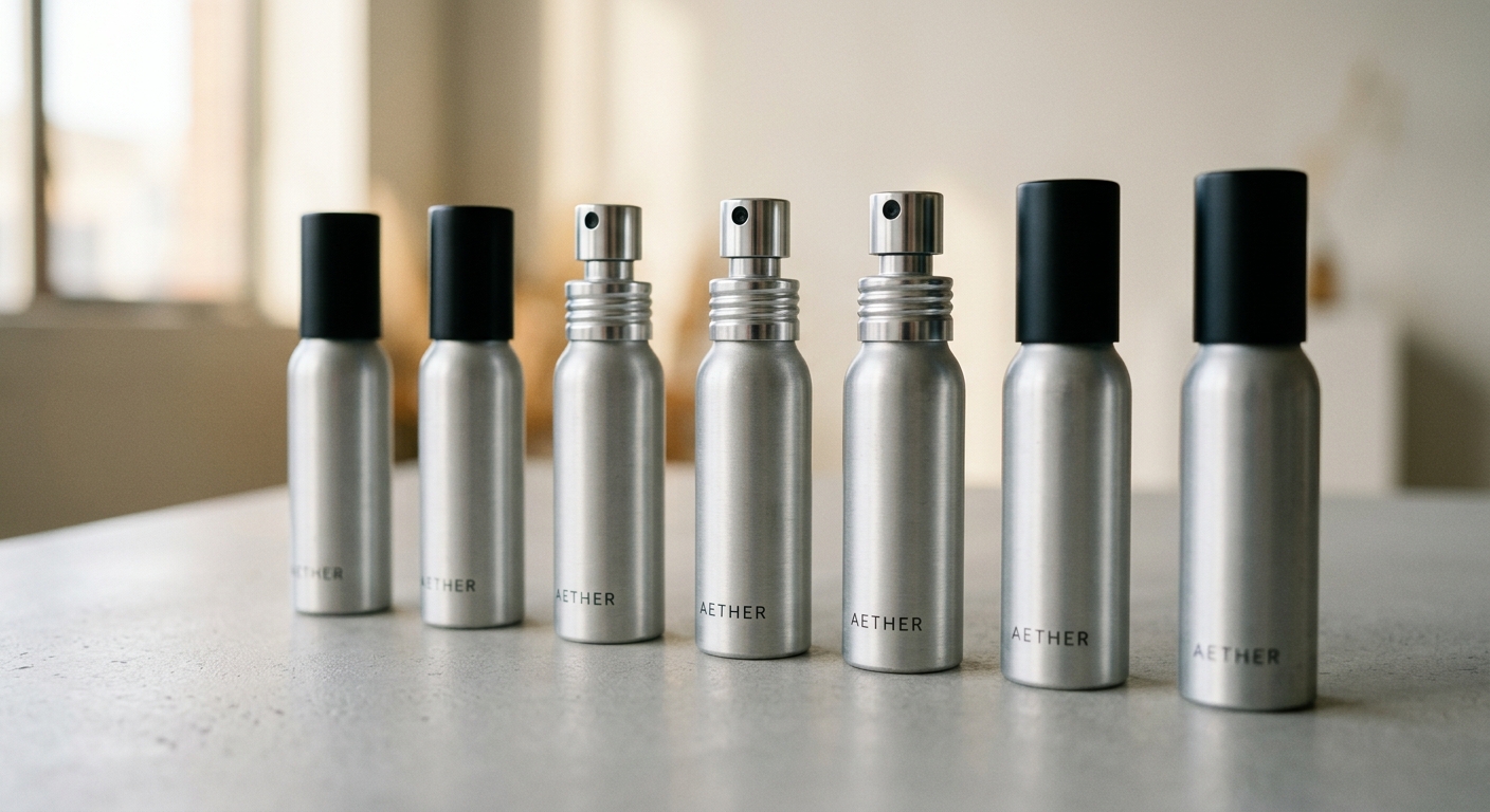 Row of silver aluminum atomizer bottles with spray nozzles on studio table