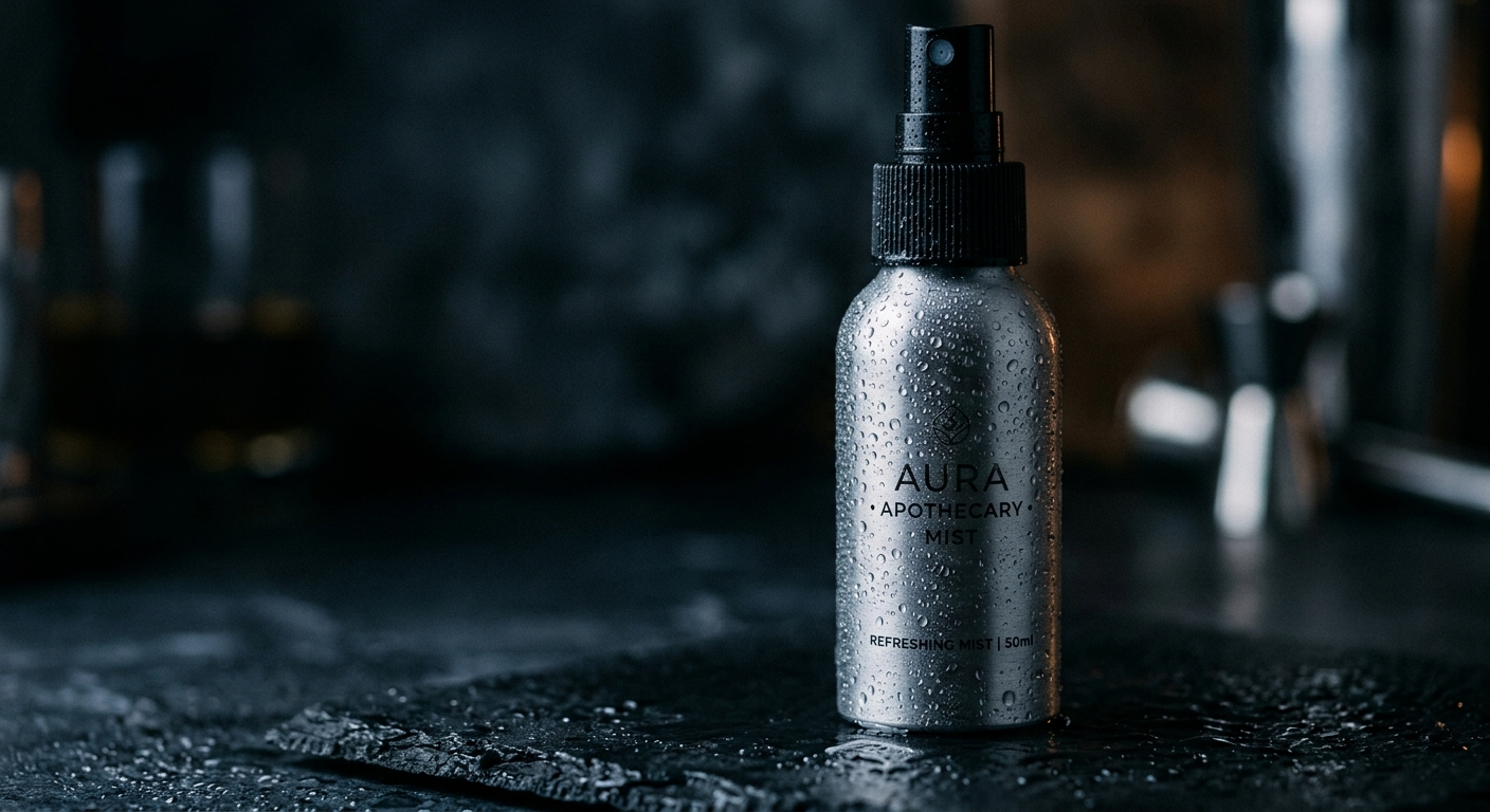 Close-up of an aluminum atomizer bottle emphasizing opaque metal surface