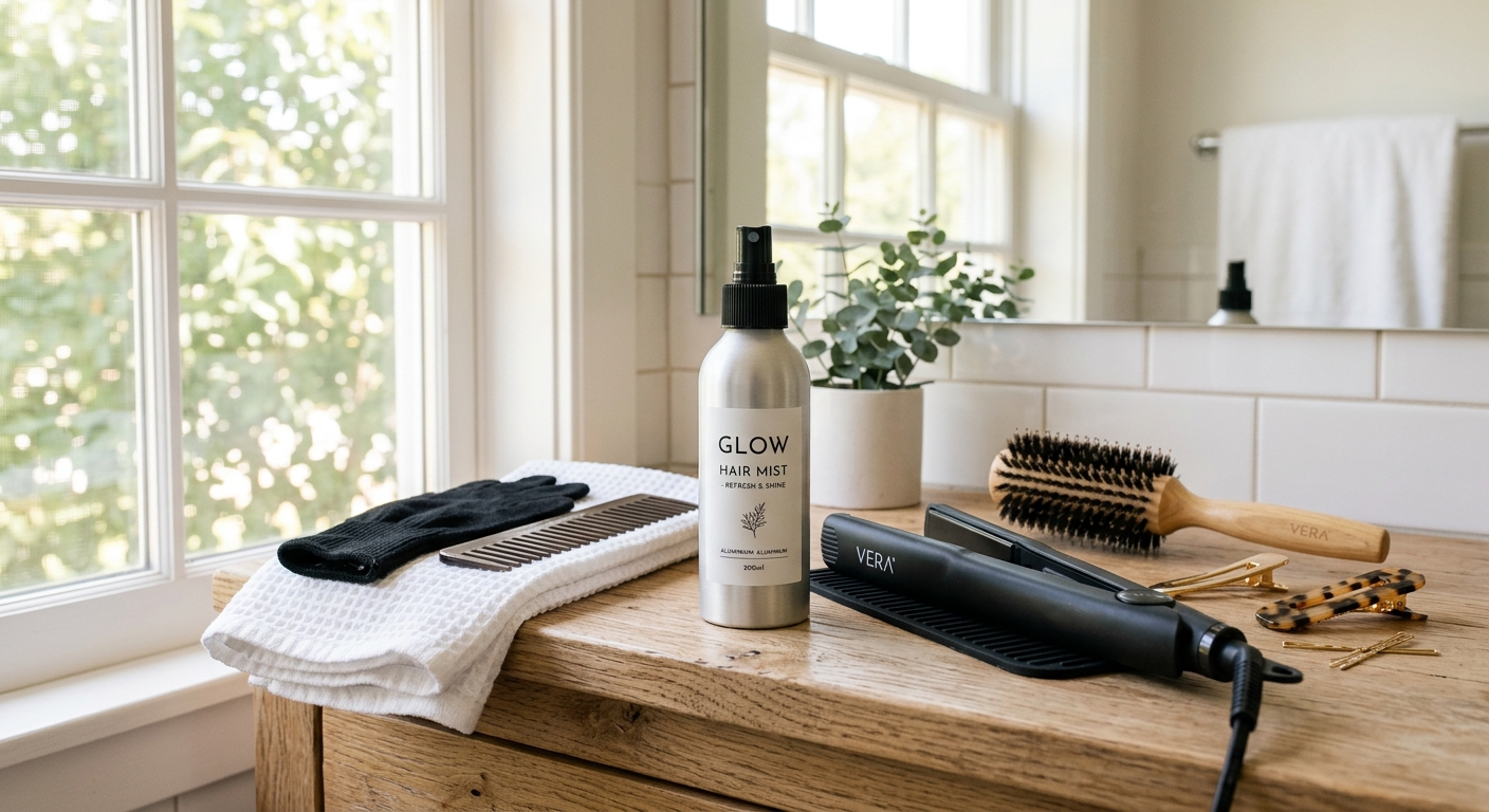 Aluminum hair mist bottle staged in bright bathroom lifestyle setting