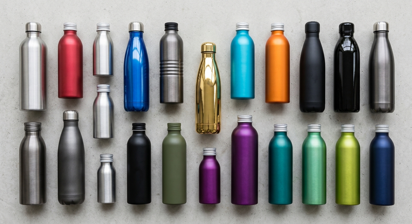 Assorted aluminum bottles in matte, glossy, and anodized finishes flat lay