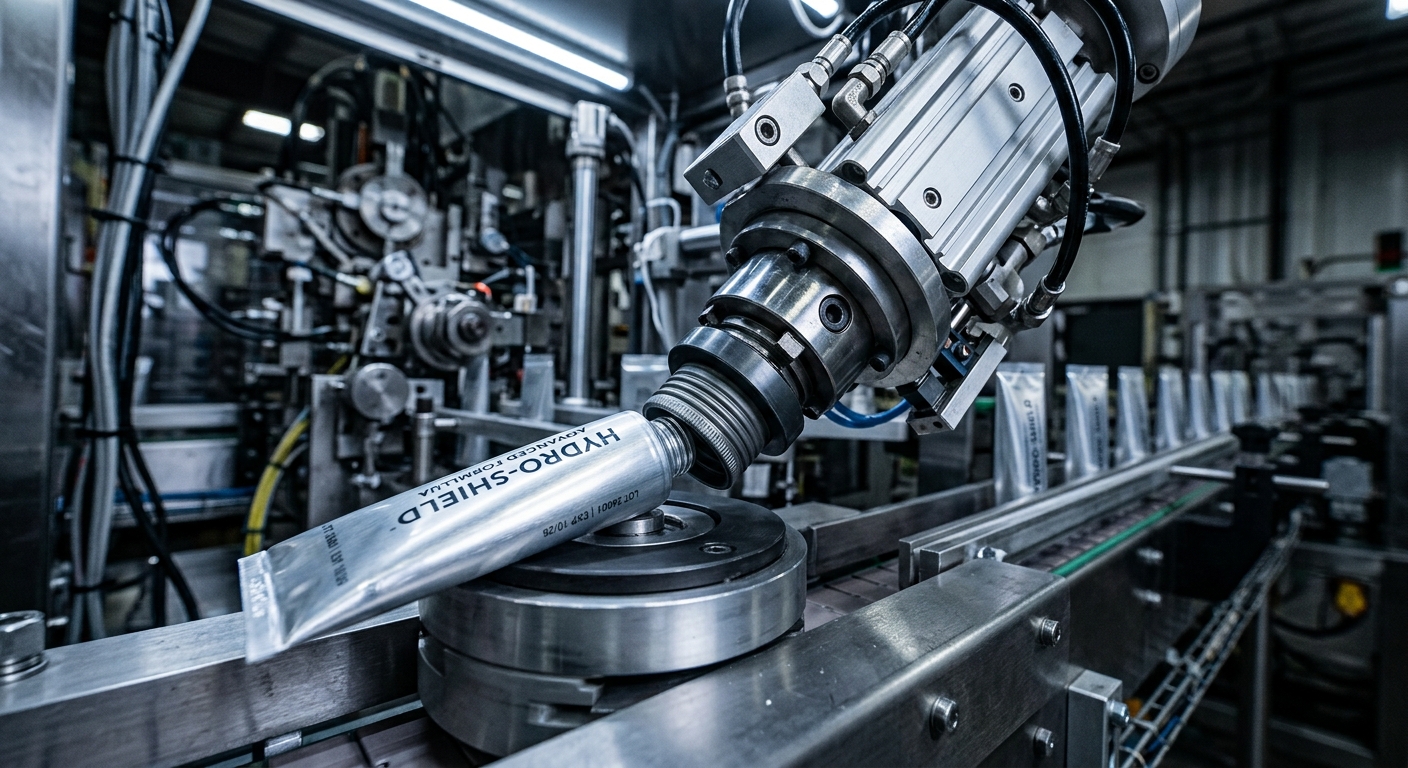 Automated capping machine attaching caps to aluminum tube necks