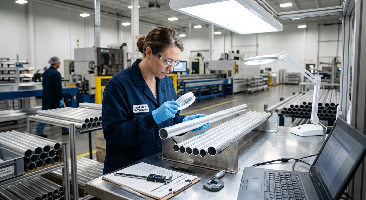 Quality control technician inspecting finished aluminum tubes