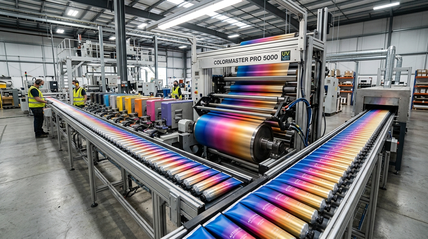 Industrial press printing multi-color gradient design on aluminum tubes