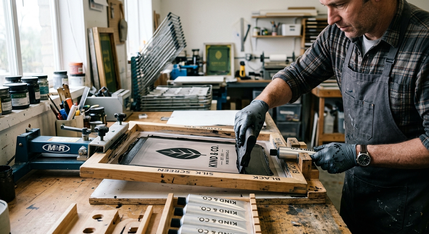 Worker screen printing a logo onto aluminum tubes in a workshop