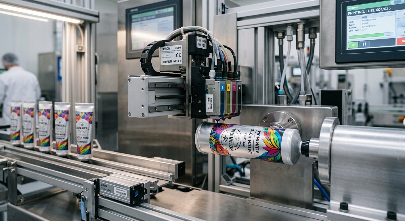 Digital inkjet printer applying full-color artwork onto aluminum tubes