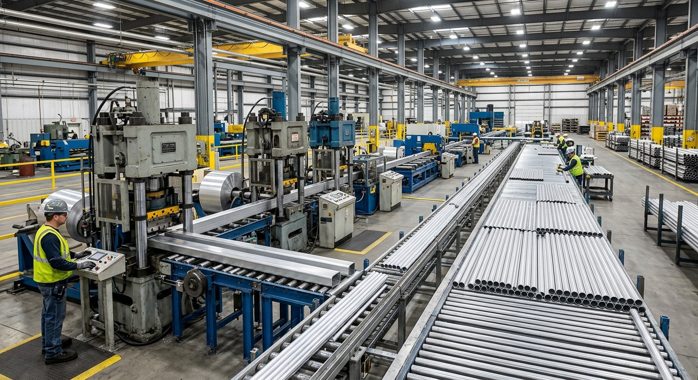 Aluminum tube manufacturing line with extrusion presses and finished tubes