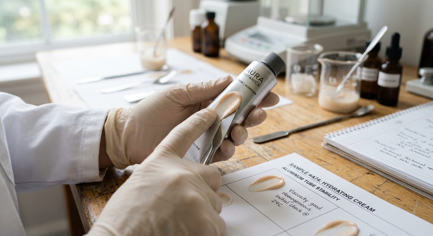Custom aluminum tube sample being checked against formula for compatibility
