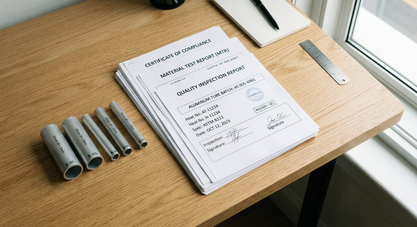 Compliance certificates and material reports next to aluminum tube samples