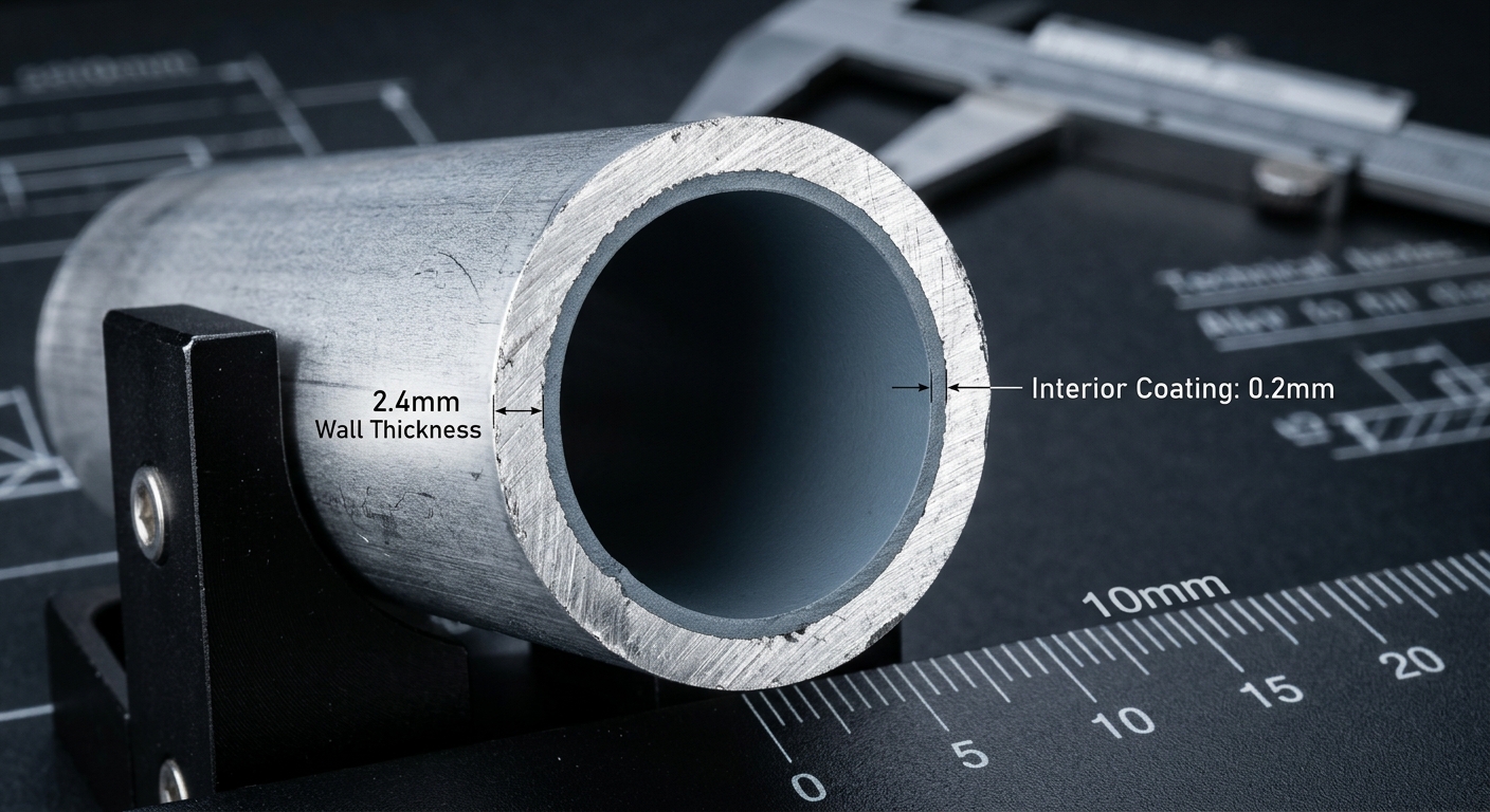 Cross-section of aluminum tube showing wall thickness and interior coating