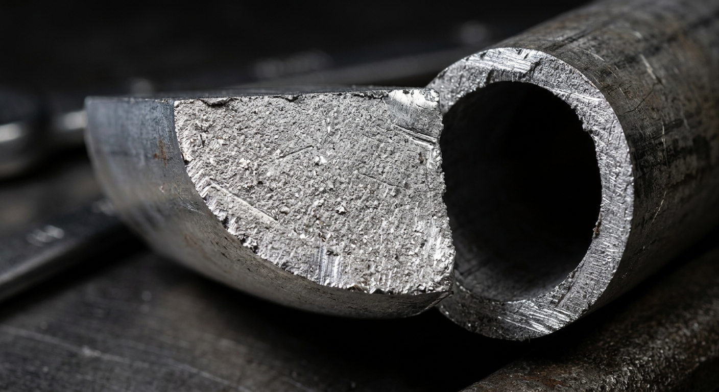 Cross-section close-up of aluminum tube wall showing dense metal barrier
