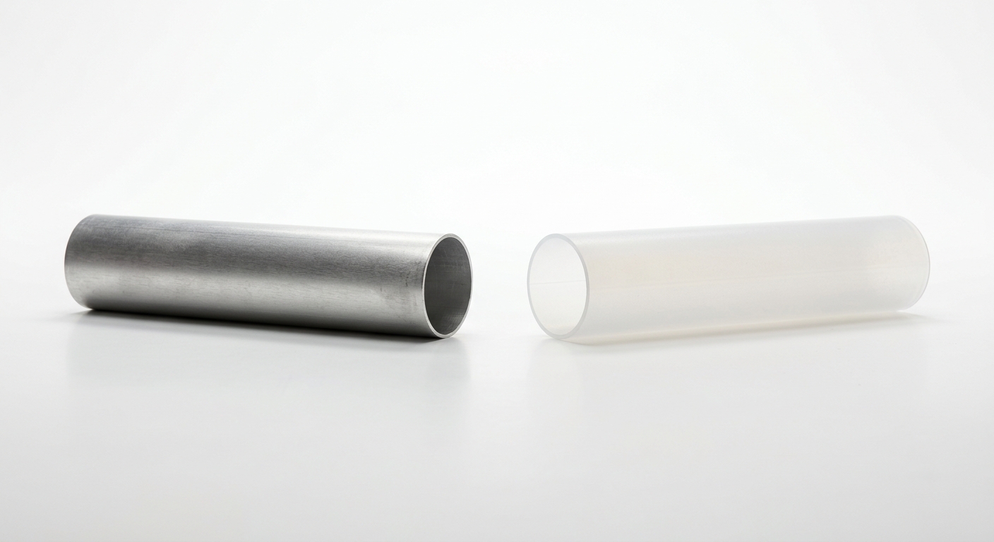 Comparison of opaque aluminum tube and translucent plastic tube under bright light