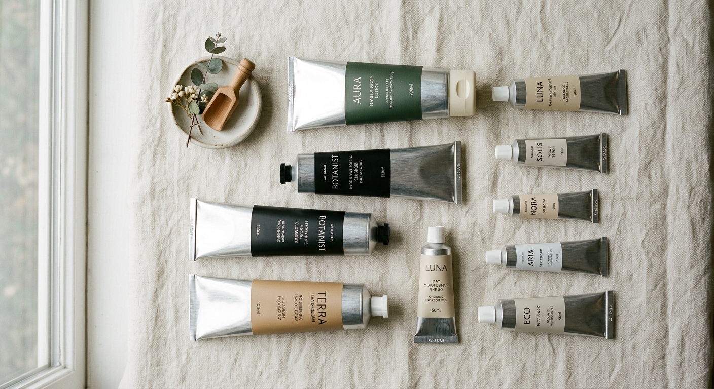 Flat lay of multiple aluminum tubes for various personal care products