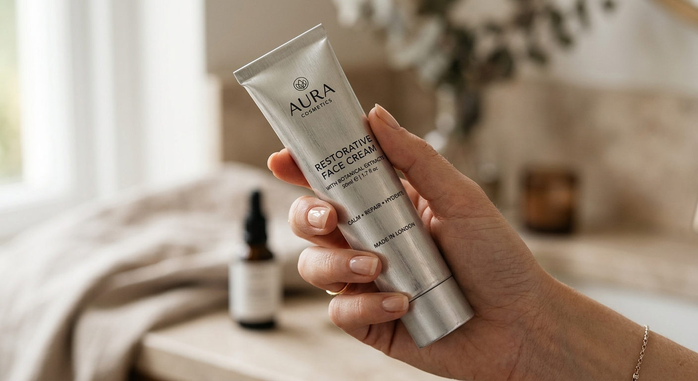 Hand holding a textured aluminum cosmetic tube showing surface finish detail