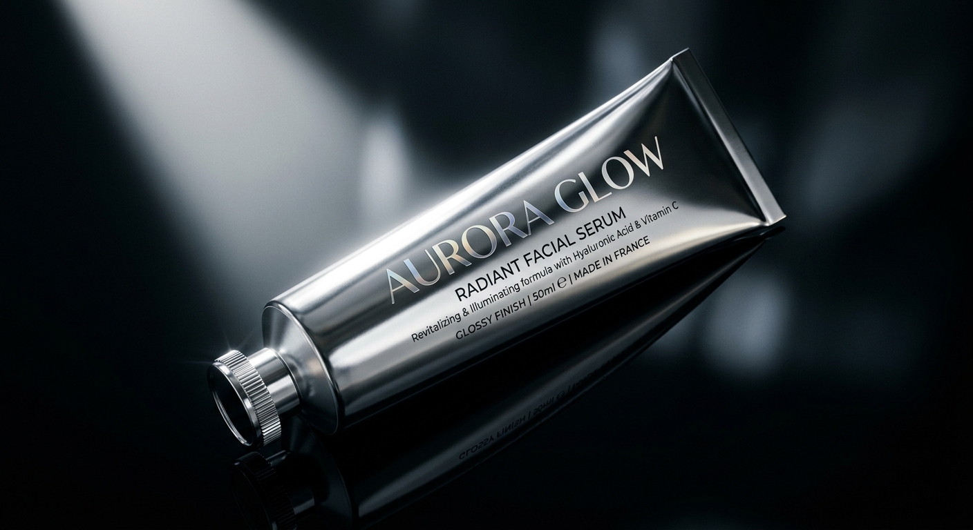 Glossy aluminum cosmetic tube reflecting studio light