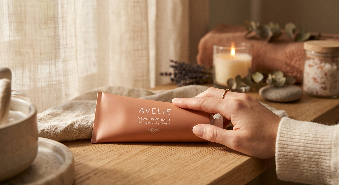Soft-touch coated aluminum tube being touched by a hand in warm lighting