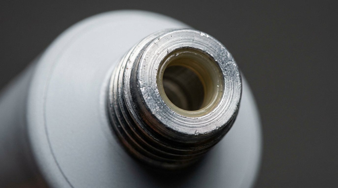 Interior wall and neck bore of an aluminum cosmetic tube showing internal lacquer coverage